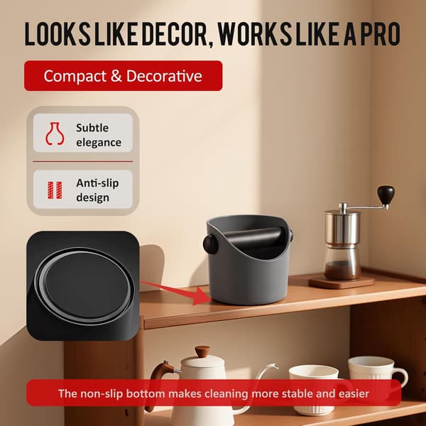 Espresso Knock Box - Premium Knock Box til Espressomaskiner med Skridsikker Base, Inkluderer Børste og Støvblæser, Knock Box Espresso Tilbehør (Grå)