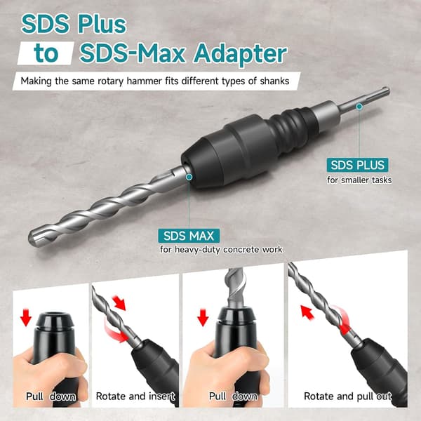 SDS-Plus til SDS-Max adapter til borehammere - 8-1/4 tommer lang sort legeret stål adapter