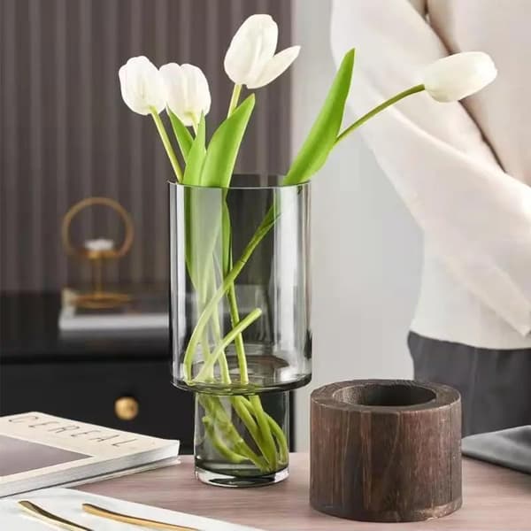 Kunstnerisk træglasvase Træbase Cylindrisk blomstervase Klassisk Boho Rustik Stil til Pejs Soveværelse Køkken Stue Midtpunkter 12x25cm
