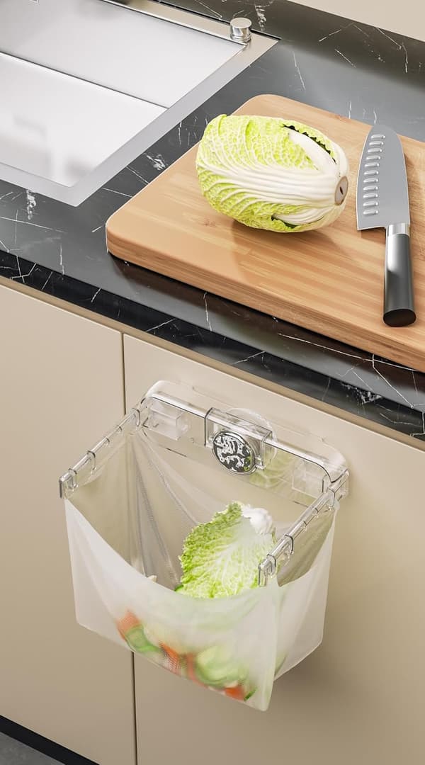 Kjøkken søppelposeholder, sugekopp type plastposeholder, handleposeholder (transparent hvit)