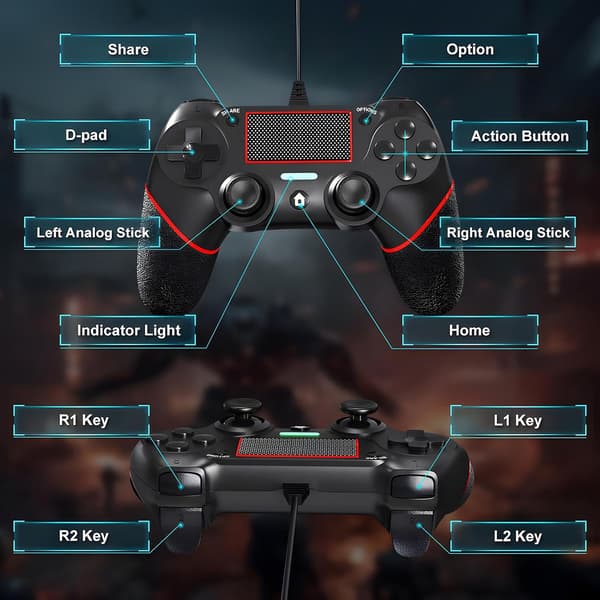 Kablet controller til pc med dobbelt vibration og bevægelsesmotorer kompatibel med PS4 og Windows 11/10/8/7 Red