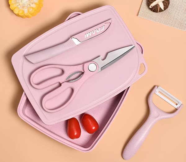 5-i-1 skärbräda knivskalare sax och brickset Pink