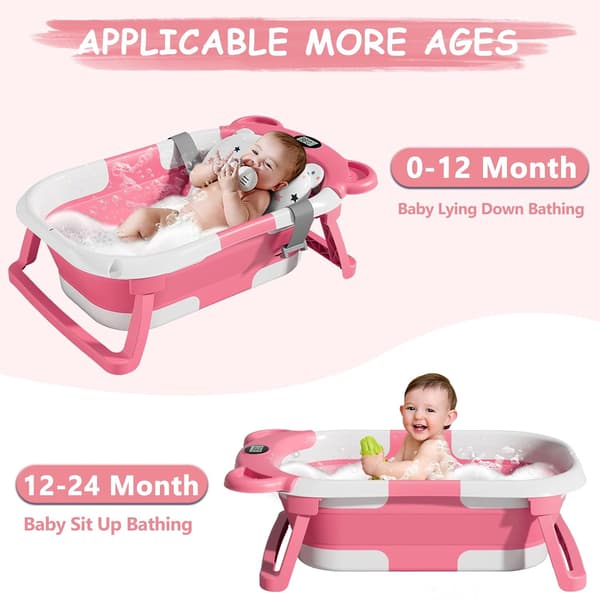 Babybadekar med sanntids temperaturmonitor + flytende pute, sammenleggbart Pink