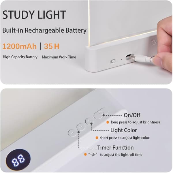 Dimbar LED-leselys 3 farger flat boklampe for lesing Oppladbare helsideslys med timer Bærbare bokmerkelamper Klips på studie (hvit) white