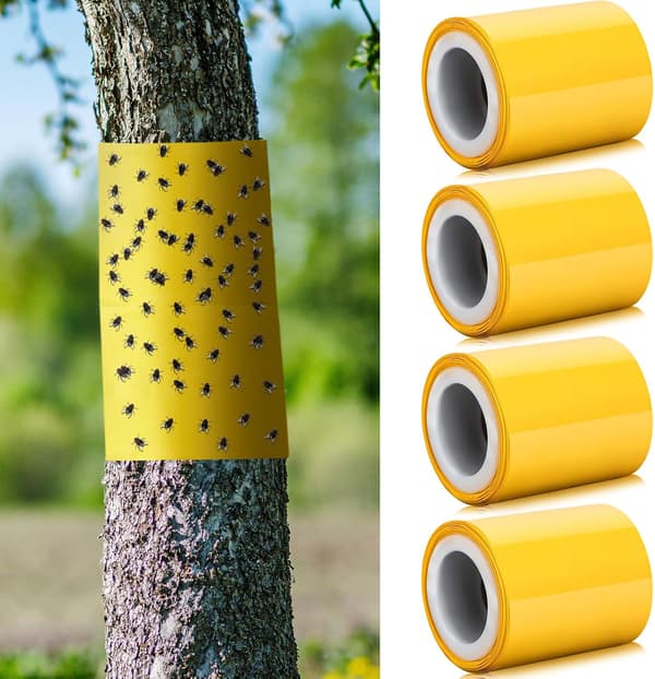 4 rullar 10 m Trädinsektsfälltejp Gul klibbig barriär för lyktflugor, bladlöss, myror och malar, trädgårdsskydd