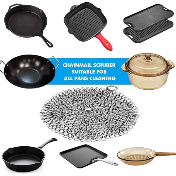 Rustfrit stål 7-tommer pandeskrubber til støbejernspander, forbehandlede pander, stegepander, grill og mere