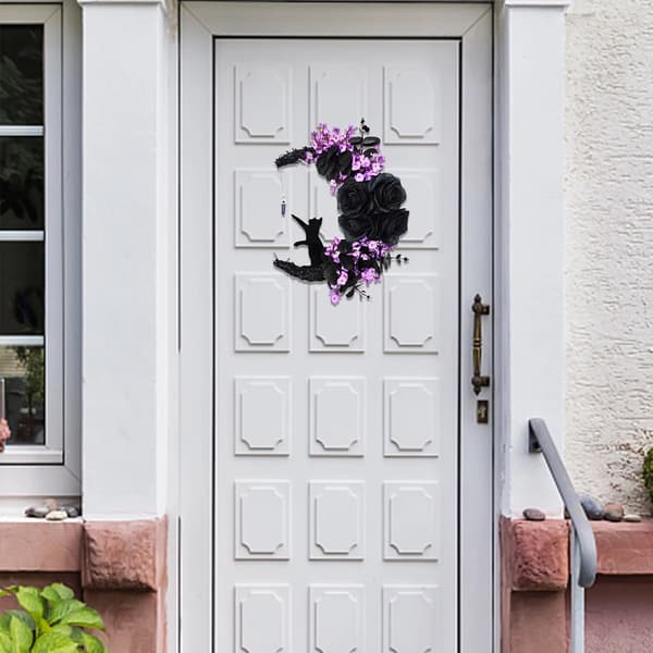 Halloweenkrans Månekatt Høstkrans til inngangsdør med lys