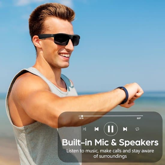 Smarte Bluetooth-solbriller - Smarte briller - Lydbriller med mikrofon og stemmeassistent - Trådløse solbriller for samtaler og musikk