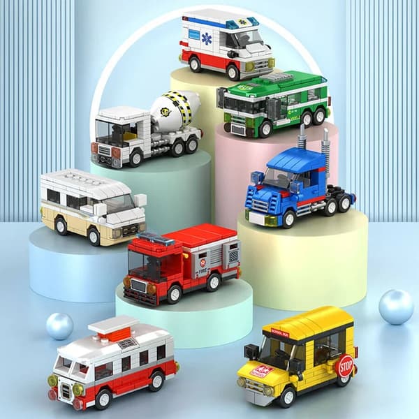 Byggkloss Stad Fordonsmodell Skolbuss Brandbil Ambulans Affärsbil 0768