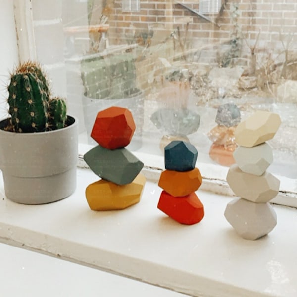 Leksak Kreativa Träfärgade Staplings Balanserande Sten Byggklossar MK 16pcs