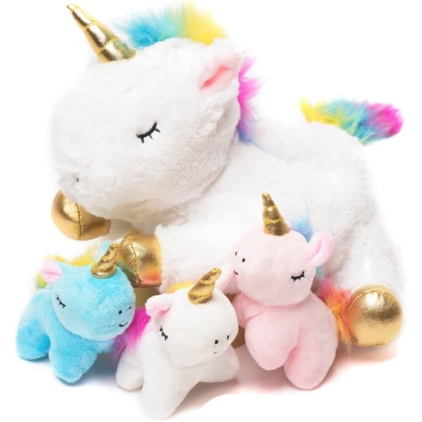 Mumfactory® Unicorn presenter för flickor - flickleksaker - stoppad enhörningsdocka med 3 bebisar