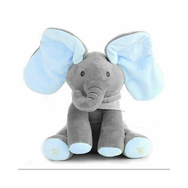 Peek-A-Boo Elephant Plyschleksak Sjungande Doll Present (grå+blå)