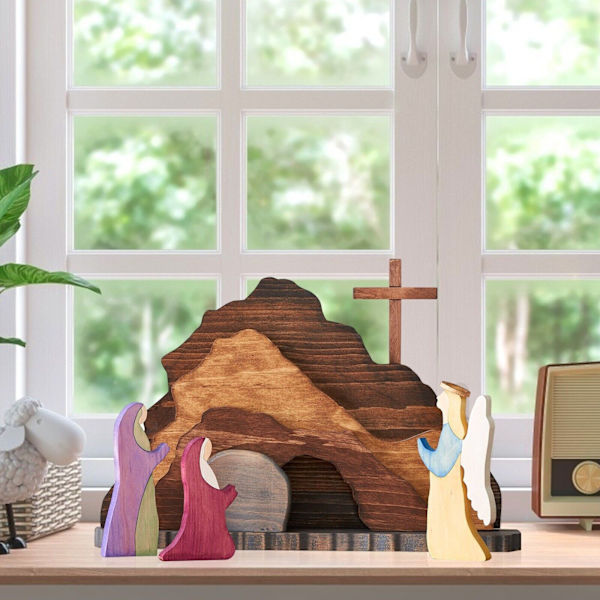 Trä påsk Jesus julkrubba dekor kors tom grav staty Set hem inredning