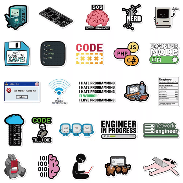 50 st PC Programmering Coder Engineers Stickers Laptop Nerd Mugg Work Station Dekal