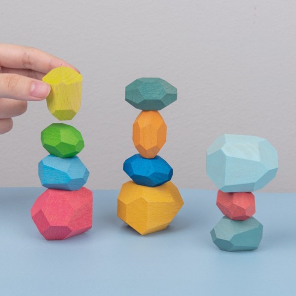 Leksak Kreativa Träfärgade Staplings Balanserande Sten Byggklossar MK 16pcs