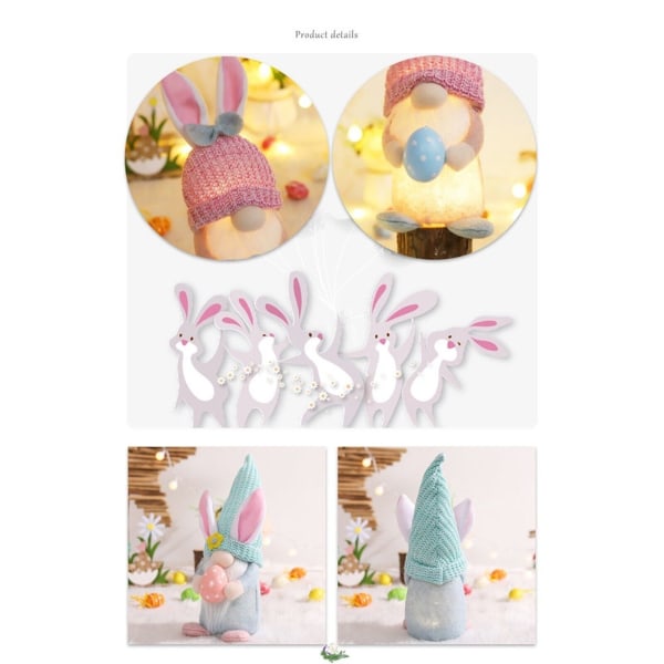 Påskkanin Dvärg Ansiktslös docka Dekor Ägg Håller Desktop Ornament LED-lampor Pink One Size