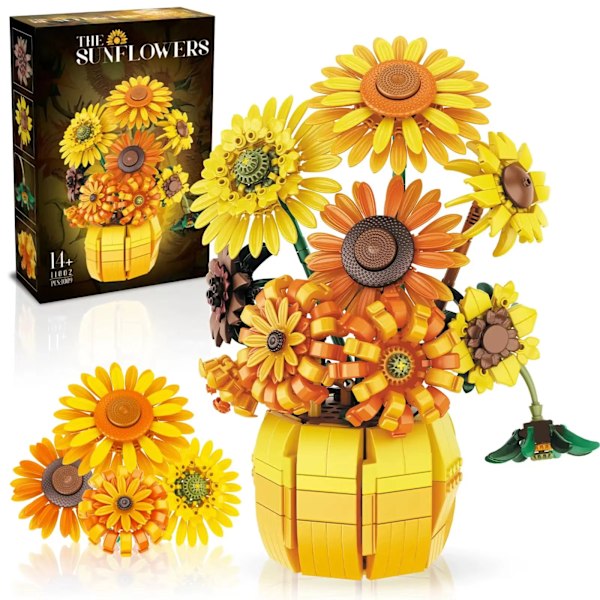NYTT 1009PCS Solros MOC Byggklossar Blomsterbukett Vas Set Gåva