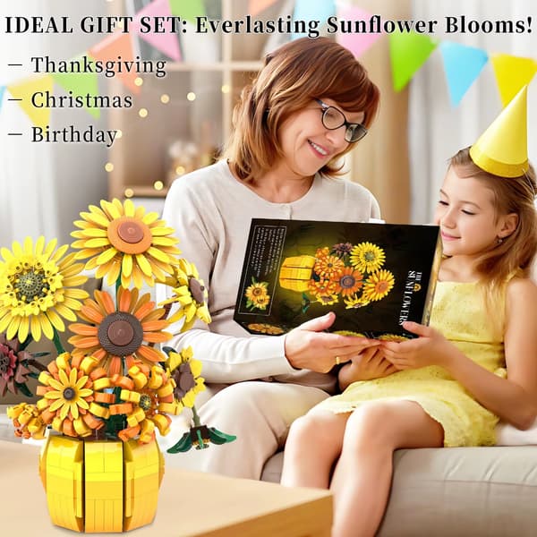 NYTT 1009PCS Solros MOC Byggklossar Blomsterbukett Vas Set Gåva