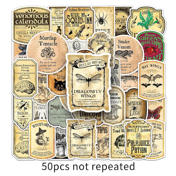 50X Vintage Potion Flaskeetiketter Witch's Brew Stickers Sällsynta ingredienser Graffiti