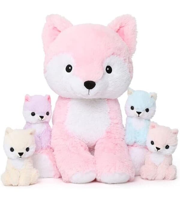 5 plyschleksaker i 1, 48 cm rosa jätteräv och 4 gosiga brudar