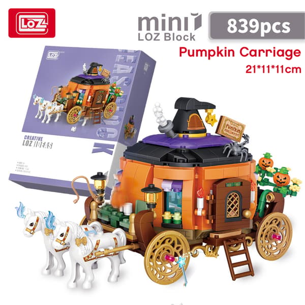 LOZ Halloween Julhus Pumpavagn Mini Gatubyggklossar Leksaker Pumpkin carriage With box