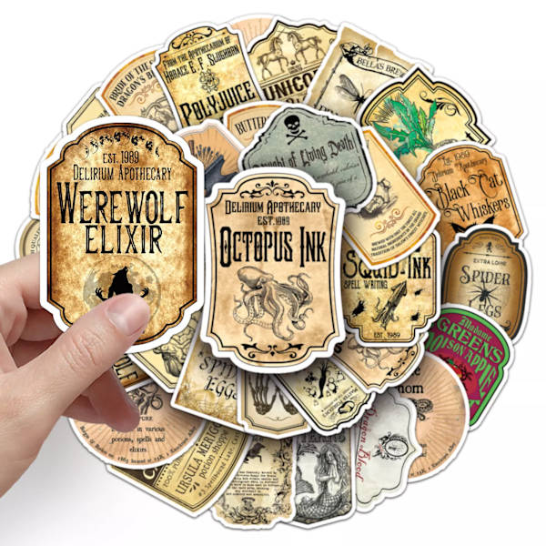 50X Vintage Potion Flaskeetiketter Witch's Brew Stickers Sällsynta ingredienser Graffiti