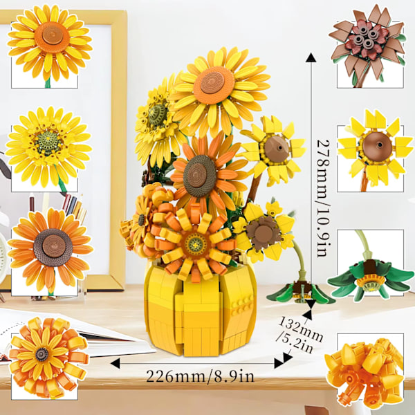 NYTT 1009PCS Solros MOC Byggklossar Blomsterbukett Vas Set Gåva