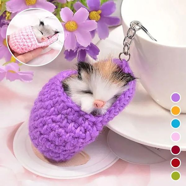 Söt sovande katt nyckelring Tofflor Cat plyschväska Tofflor Cat Pendant nyckelring Purple