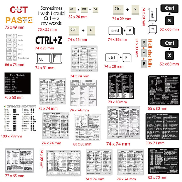 30st kortkommandon Snabbtangenter PC Mac OS Learning Memorandum IT Geek Stickers