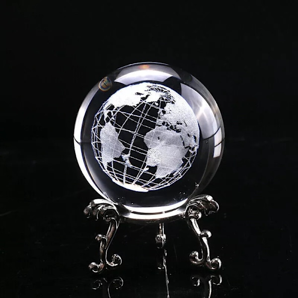 3D kristallkula 60 MM glaslasergraverad miniatyrjordsfär Presentdekor Hem With Silver Base