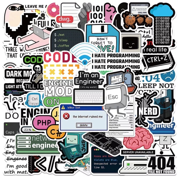 50 st PC Programmering Coder Engineers Stickers Laptop Nerd Mugg Work Station Dekal