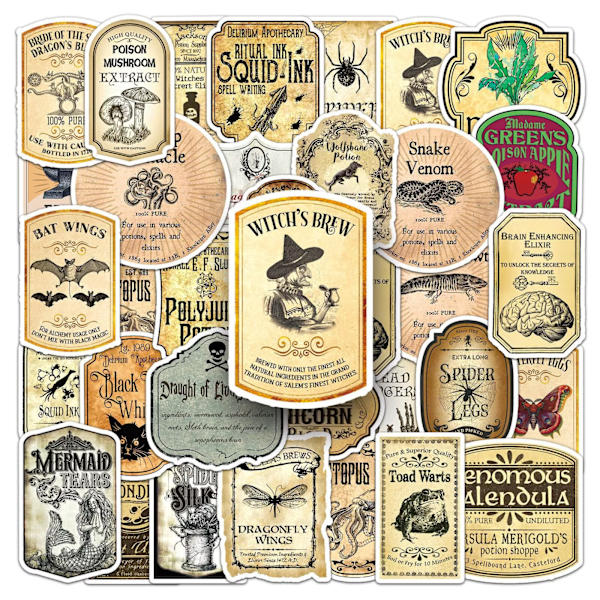 50X Vintage Potion Flaskeetiketter Witch's Brew Stickers Sällsynta ingredienser Graffiti