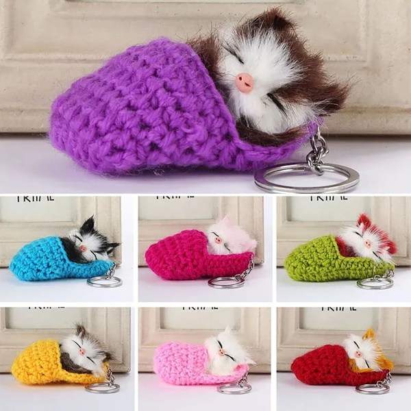 Söt sovande katt nyckelring Tofflor Cat plyschväska Tofflor Cat Pendant nyckelring Yellow