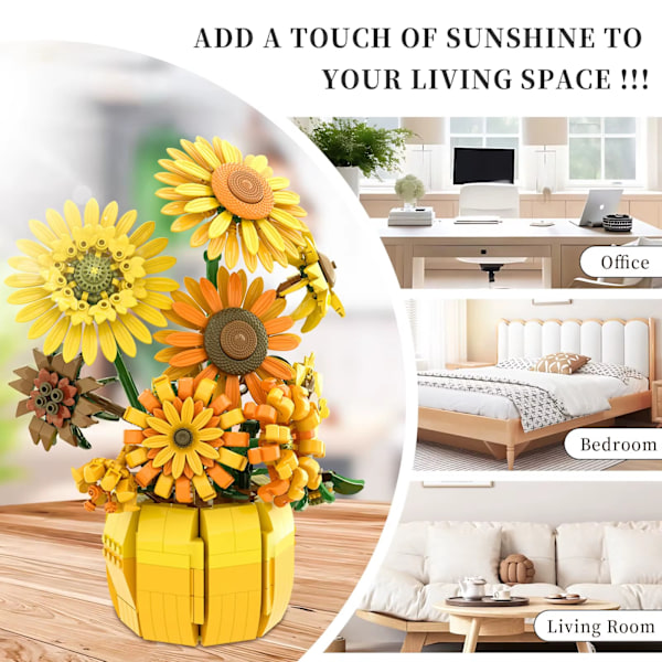 NYTT 1009PCS Solros MOC Byggklossar Blomsterbukett Vas Set Gåva
