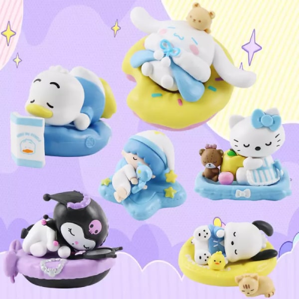 Sanrio Sova 6st Figurleksaker Kuromi Cinnamoroll Pochacco Modell Dockor Presenter