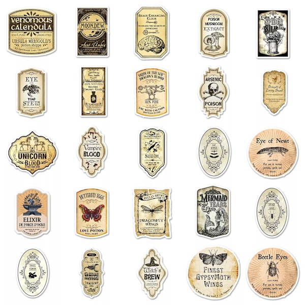 50X Vintage Potion Flaskeetiketter Witch's Brew Stickers Sällsynta ingredienser Graffiti