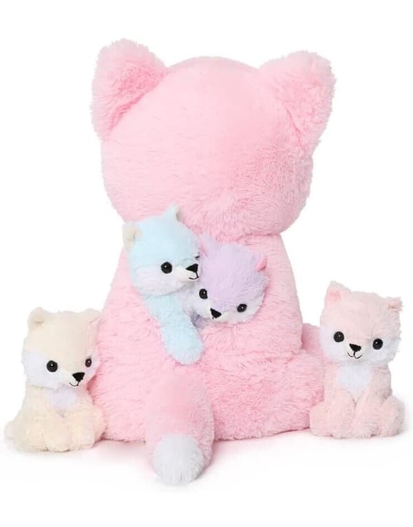 5 plyschleksaker i 1, 48 cm rosa jätteräv och 4 gosiga brudar