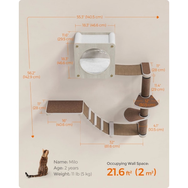 Feandrea Clickat Oasis kattevægmonteret møbel, sæt med 5, katteklatrevæg, kattehylde, kaffebrun