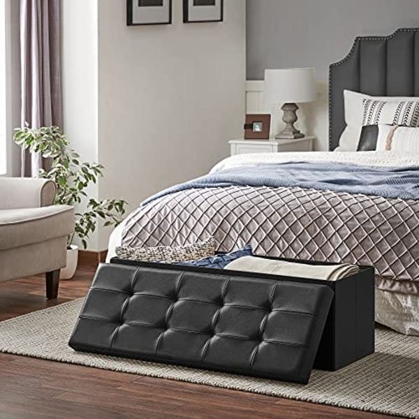 Songmics 120L sammenklappelig ottoman bænk, opbevaringsboks opbevaringskube, sort 110 x 38 x 38 cm