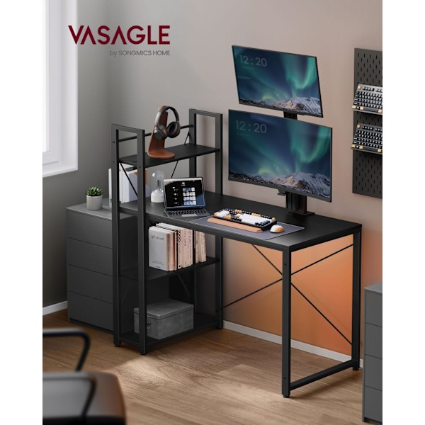 VASAGLE Computerbord, Skrivebord med opbevaringshylder, 120 cm bredt, Ebony Sort