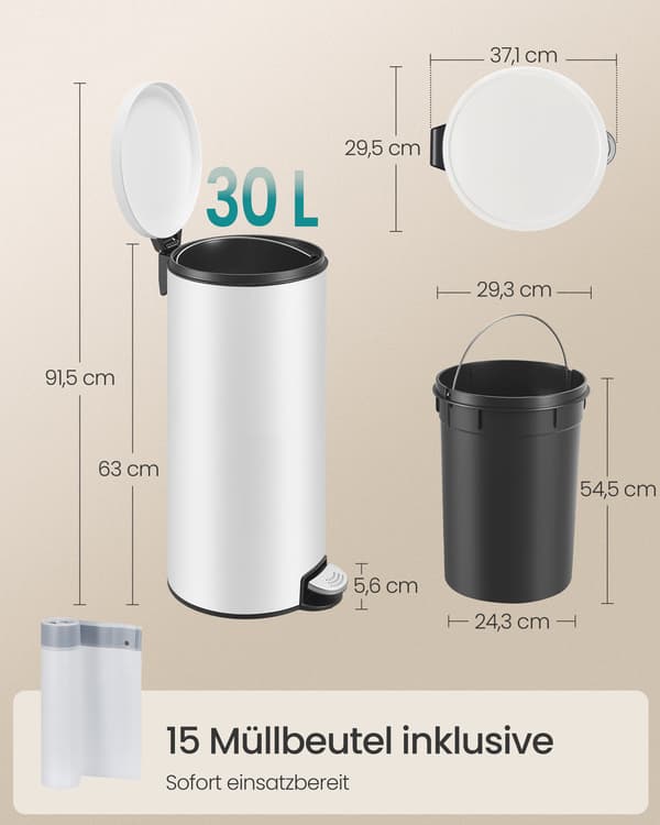 30L Rund Affaldsspand, Metal, Hvid