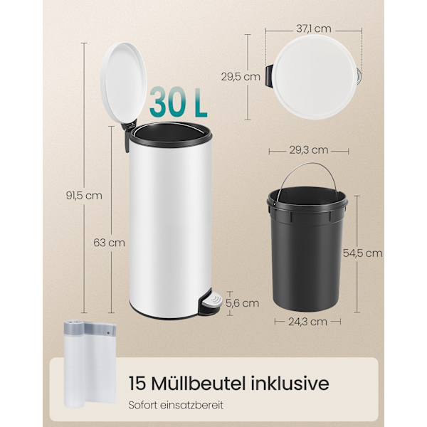 30L Rund Papperskorg, Metall, Vit