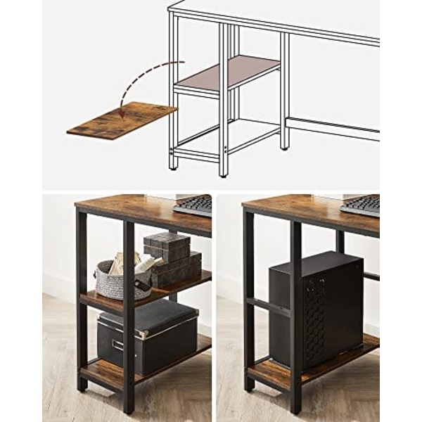 VASAGLE Computerbord, Skrivebord med 2 hylder, Stålramme, rustikbrun og sort