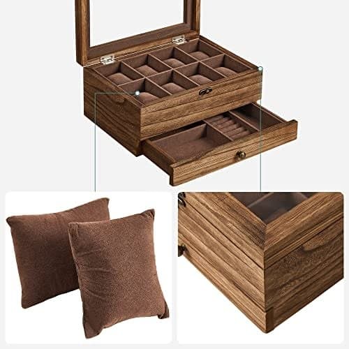 Watchbox Klockbox för 8 Klockor – 2-Nivåer Trälåda med Stort Glaslock, Sammetsfoder & Klockkuddar