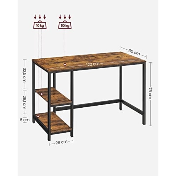 VASAGLE Computerbord, Skrivebord med 2 hylder, Stålramme, rustikbrun og sort