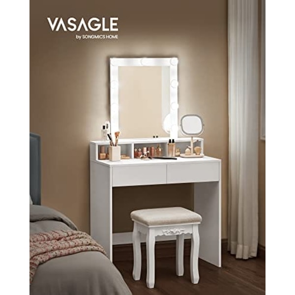 Toiletbord med Spejl og Pærer, Kosmetisk Bord med 2 Skuffer og 3 Åbne Rum, Toiletbord til Makeup, Moderne, Hvidt