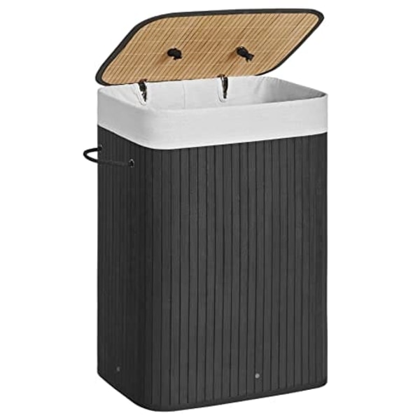 Songmics bambus vasketøjskurv, 72L sammenklappelig vasketøjskurv, rektangulær 40 x 30 x 60 cm, sort