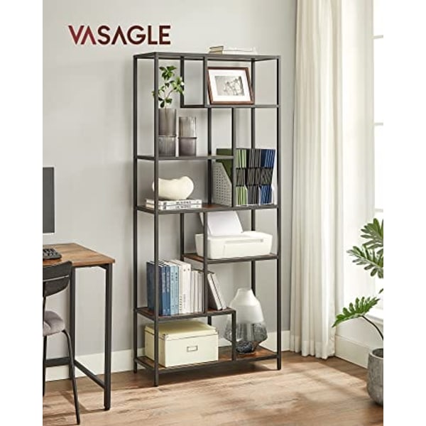 VASAGLE 6-kerroksinen kirjahylly, geometrinen näyttöhylly, rustiikki ruskea ja musta