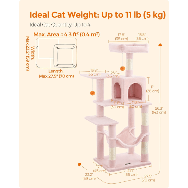 Feandrea Cat Tree, 56,3-tums katttorn för inomhuskatter, Flernivå, Jelly Pink