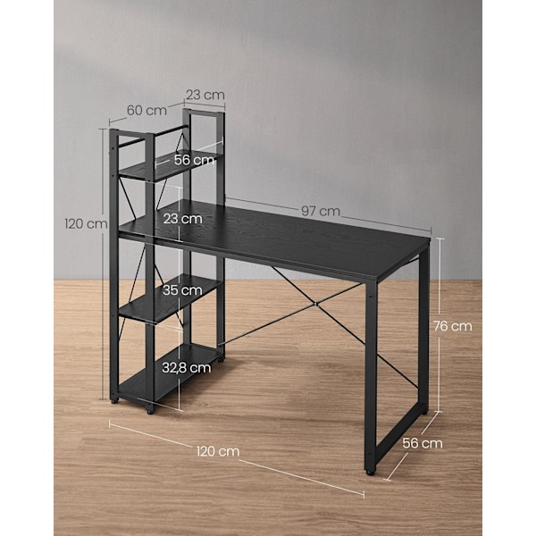 VASAGLE Computerbord, Skrivebord med opbevaringshylder, 120 cm bredt, Ebony Sort